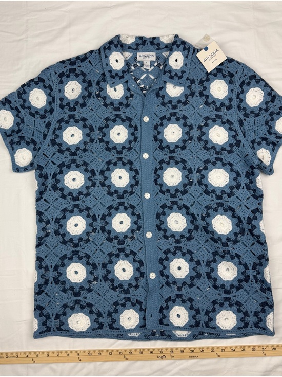 Arizona Jean Company Other - Arizona Jean Company Blue and White Crochet Short-Sleeve Button-Up Shirt